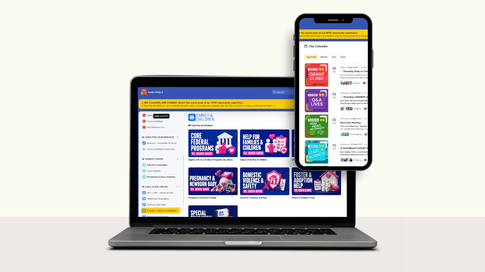 The Lesko Help community on laptop and phone: quick guide library and live class calendar