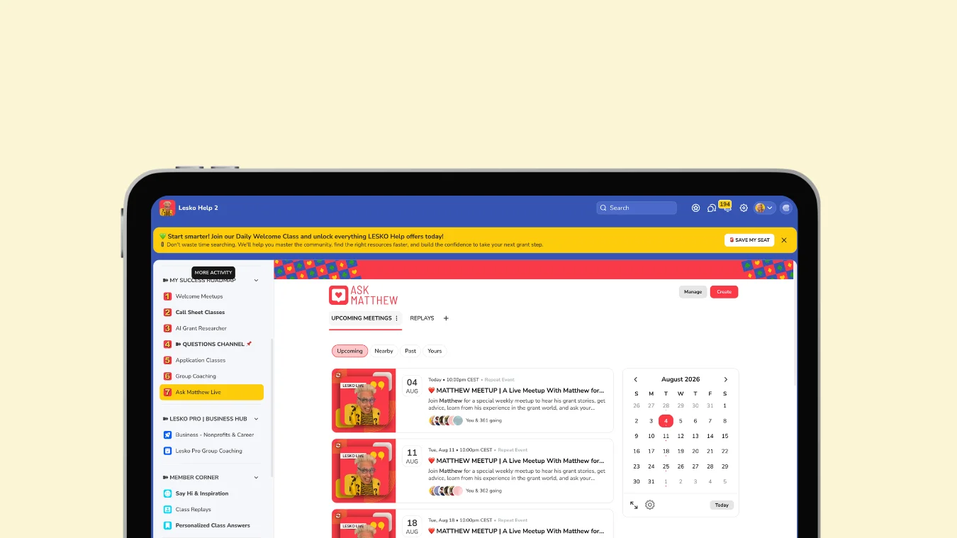 Ask Matthew Live: weekly Matthew Meetup events on a tablet